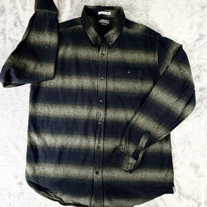 RVCA Black and Olive Green Horizontal Stripe Button-Up Shirt